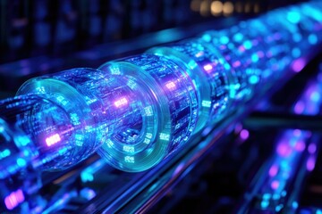 A close-up of an optical fiber cable transmitting data with blue and purple light, illustrating high-speed internet connectivity and technology.