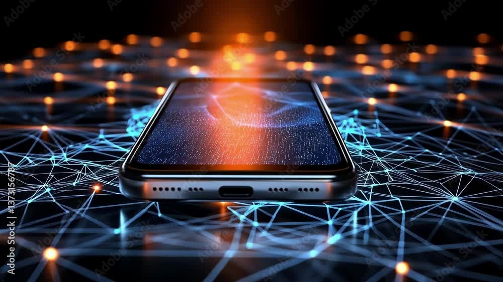 Poster futuristic smartphone displaying transforming data stream laying on network of connected dots repres