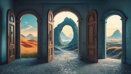 Obraz premium Arched doorways in blue room showing different landscapes. Doorway view of desert, mountain and rock arch with blue sky. Stone floor inside room.