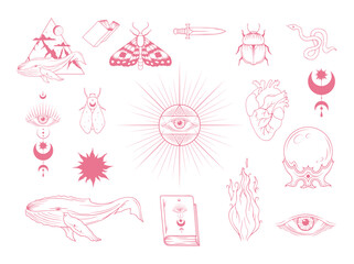 Mystical Symbols: A collection of delicate, pink-toned illustrations depicting various esoteric and mystical symbols.