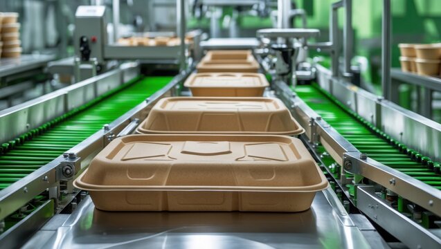 Containers move on conveyor. Beige food boxes transit on green rollers. Silver metal structure holds production line in factory.
