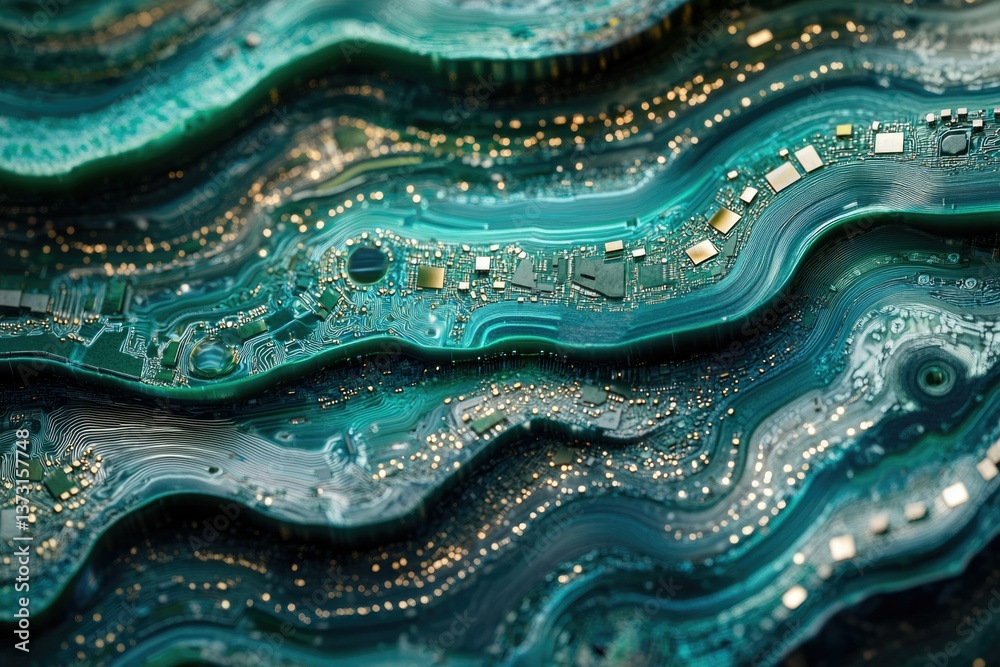 Aufkleber An abstract aerial view of a circuit board mimicking flowing rivers with shimmering lights reflecting off the surface.