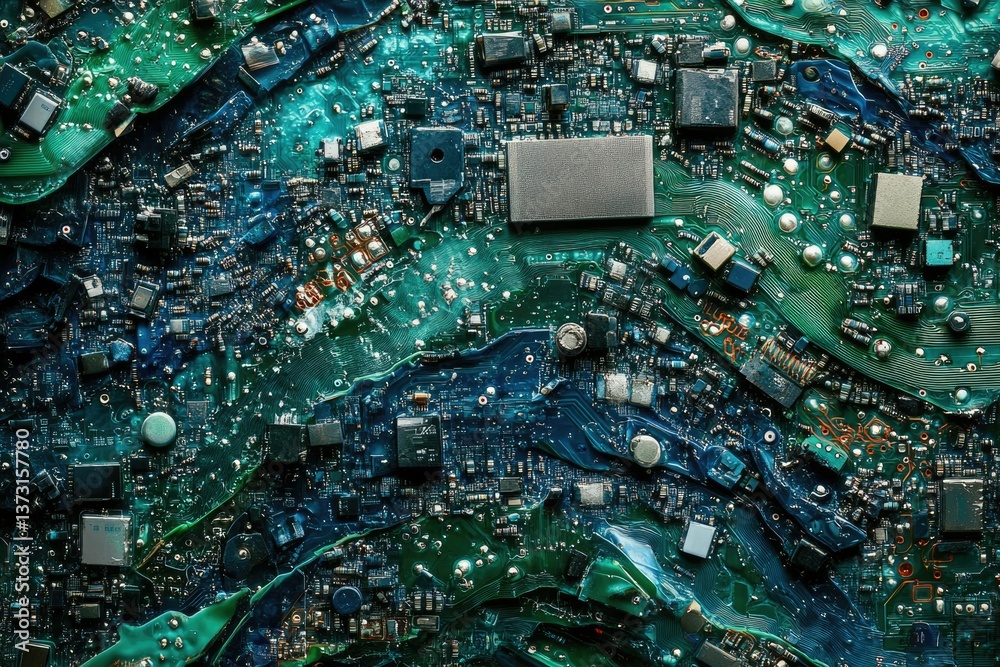 Poster a detailed macro shot showcasing the intricate components and complex circuitry of a modern electron