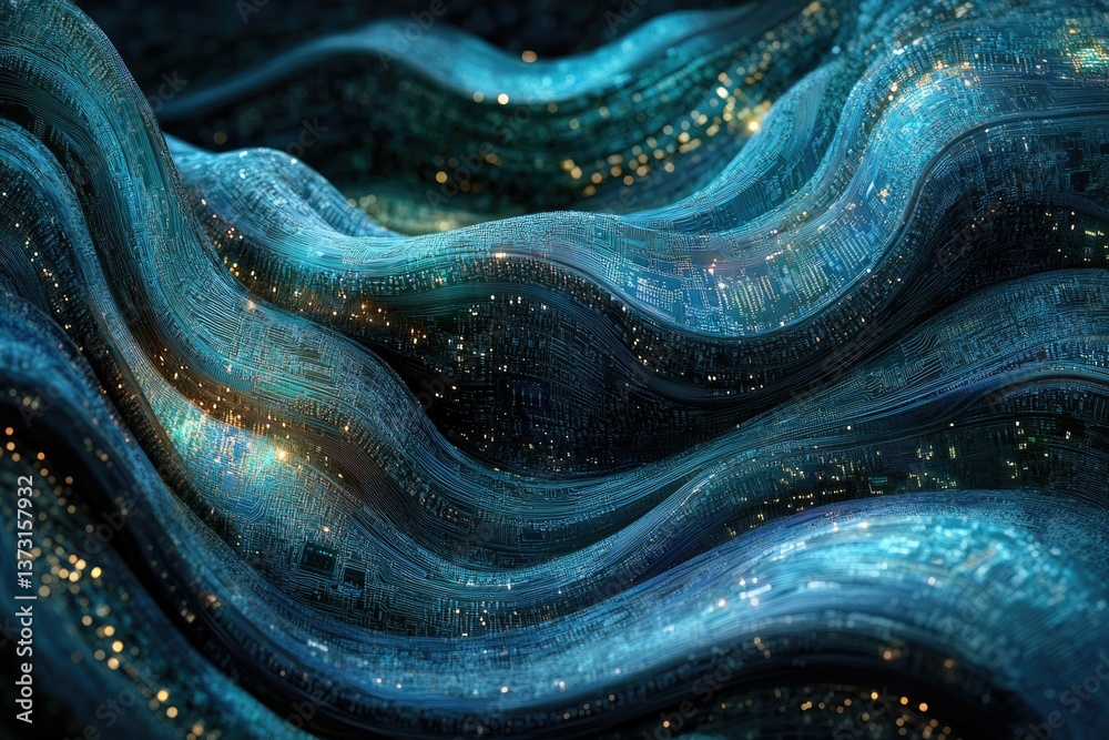 Poster abstract wavy pattern resembling digital circuitry, featuring glowing lights and a deep, vibrant blu