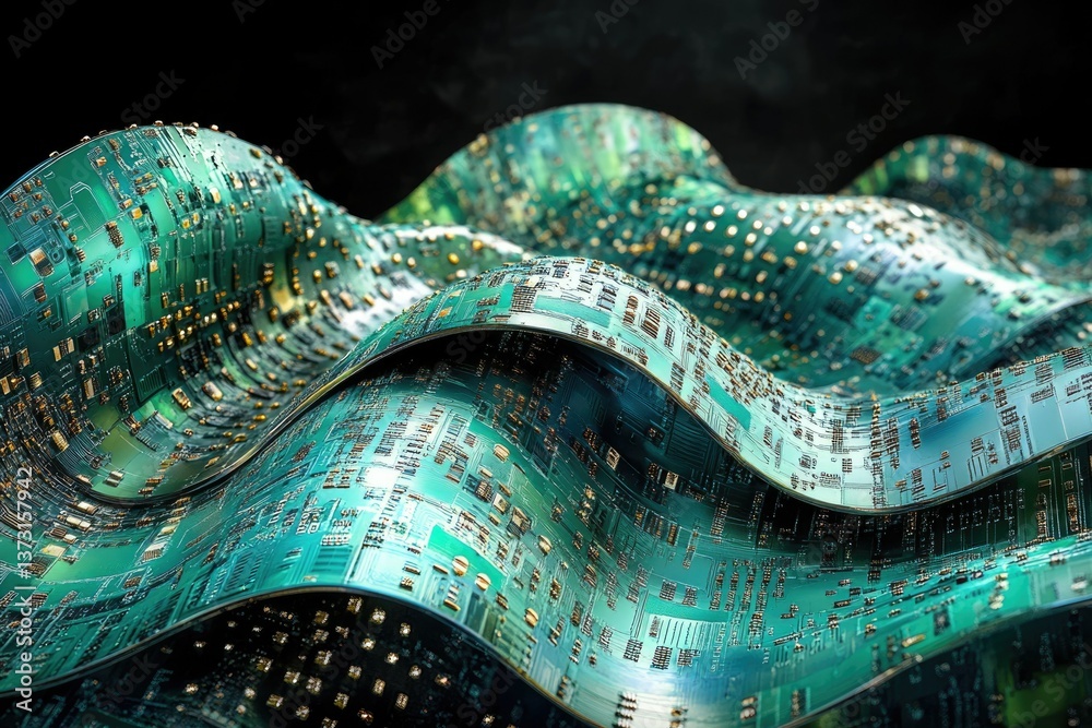 Poster wavy layers of intricate circuit boards, suggesting futuristic technology, data flow, and complex in