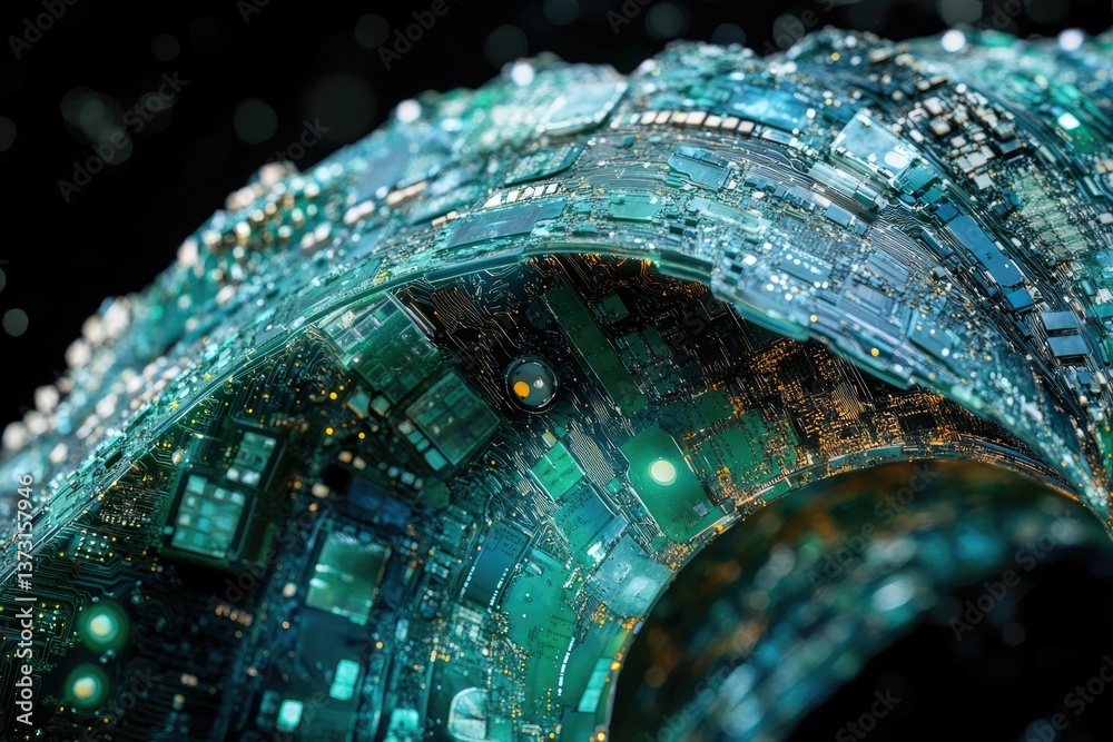Poster Complex and futuristic circuit board structure resembling an arch, with a teal and gold color palette and transparent background.