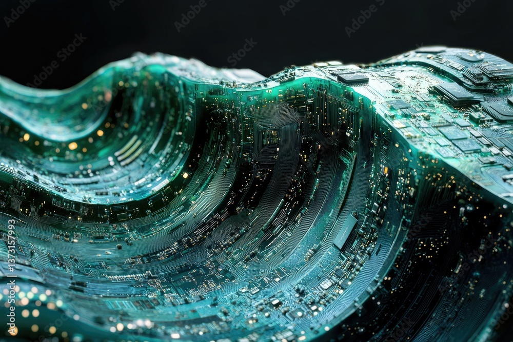 Aufkleber a stylized wave form is crafted from a glowing green and blue circuit board.