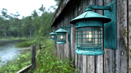 Teal Lanterns on Weathered Wooden Wall near Lake and Forest