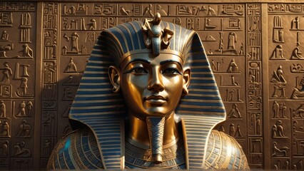 Egyptian Pharaoh bust with hieroglyph background. History, culture design perfect for ancient Egypt, art, or archaeology themes.