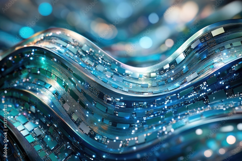 Poster Abstract waves of glowing circuit boards create a digital landscape, representing technology, connectivity, and the flow of information in a modern world.