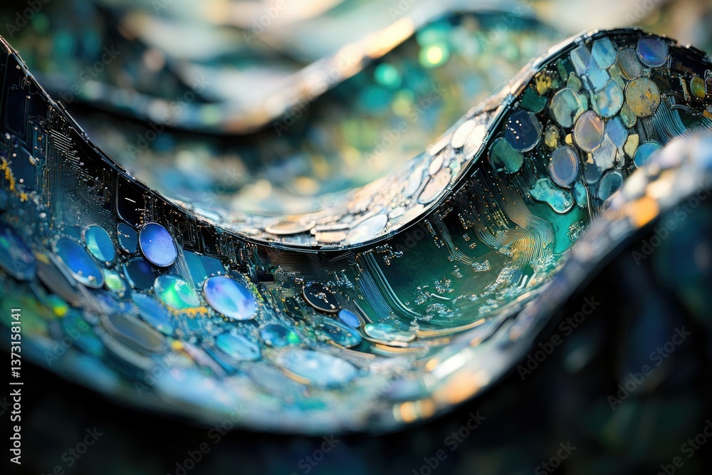 Poster abstract wave of shimmering blue and green circuit board fragments, creating a mesmerizing futuristi