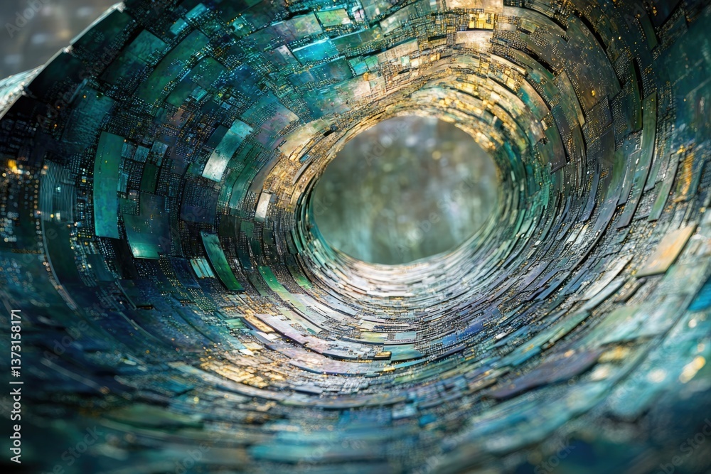 Poster A swirling tunnel of circuit boards and technology, leading to an unknown destination, rendered in an abstract, futuristic style.