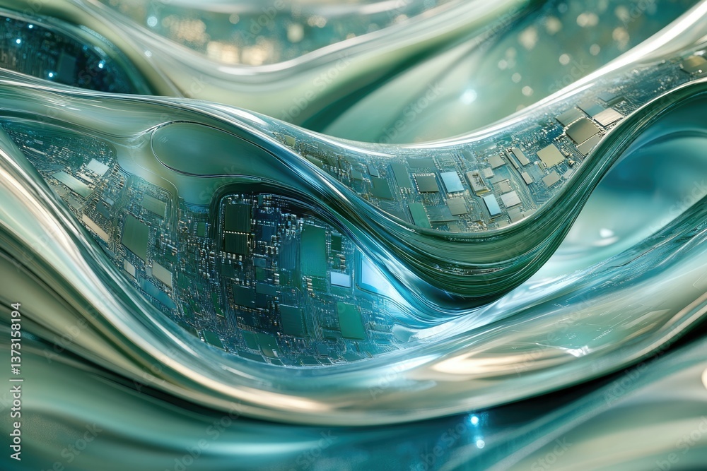Aufkleber A futuristic abstract image featuring flowing metallic curves embedded with circuit board patterns, conveying technology and innovation.