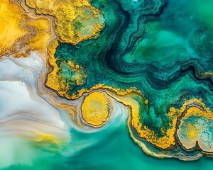 An abstract aerial view of colorful layered geological formations