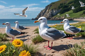 Obraz premium Enchanting Summer Nature Getaway with Beautiful Beaches and Coastal Seagulls