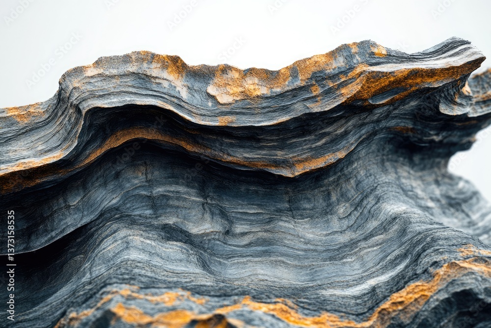 Poster close-up of layered rock formation with grey and gold hues, revealing intricate patterns and texture