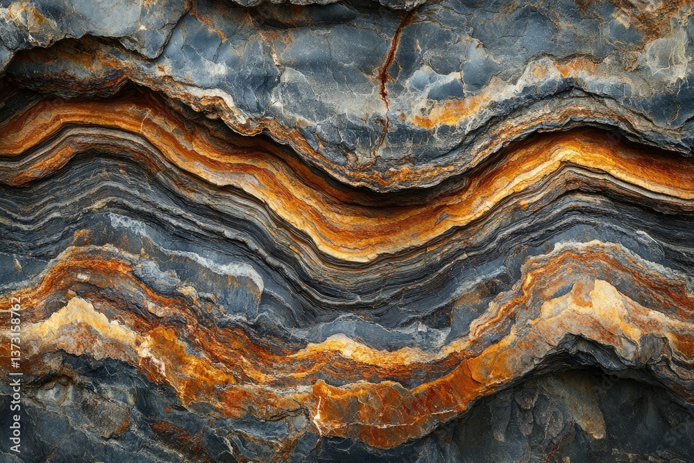 Poster Wavy rock layers display an orange and grey pattern created by geological formations, highlighting texture and natural beauty.