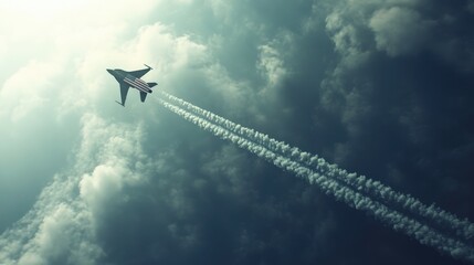 Naklejka premium A military jet aircraft flying high through a cloudy sky