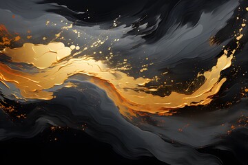 Abstract Gold Paint Flowing Through Dark Gray Background Texture Effect