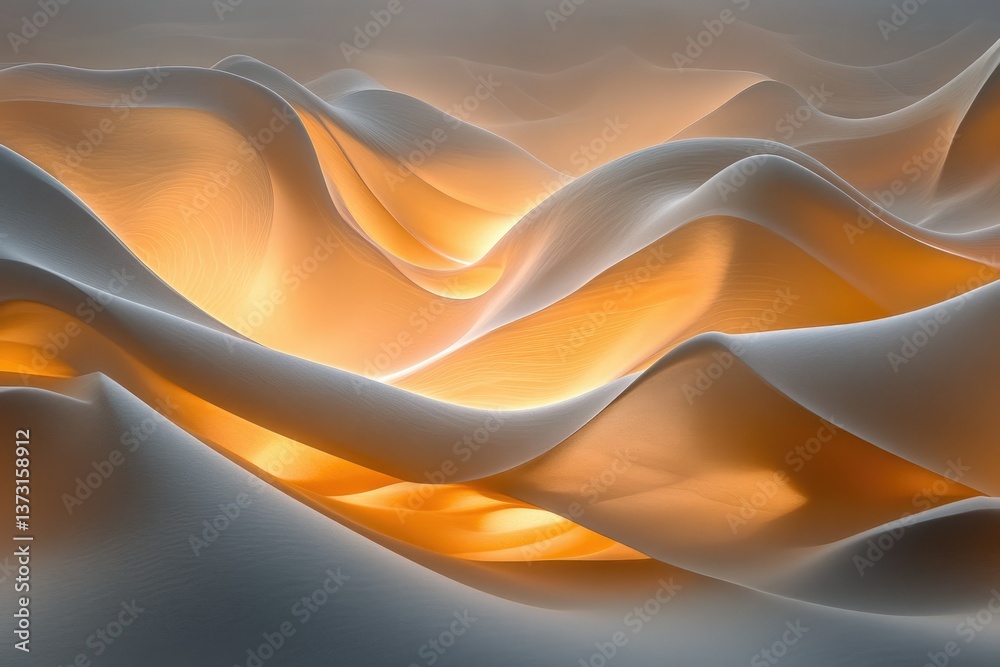 Poster abstract waves of light and shadow, revealing flowing shapes in a soft, ethereal, and calming gradie