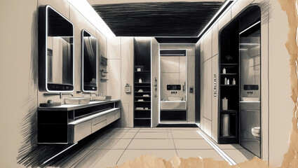 Bathroom interior drawing. Room shows mirrors, sink, shelf, and tiled floor. Sketch using black ink lines. Design depicts modern style space.