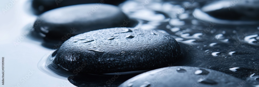Poster close-up of smooth black river stones reflecting soft light on wet surface showcasing minimalist nat