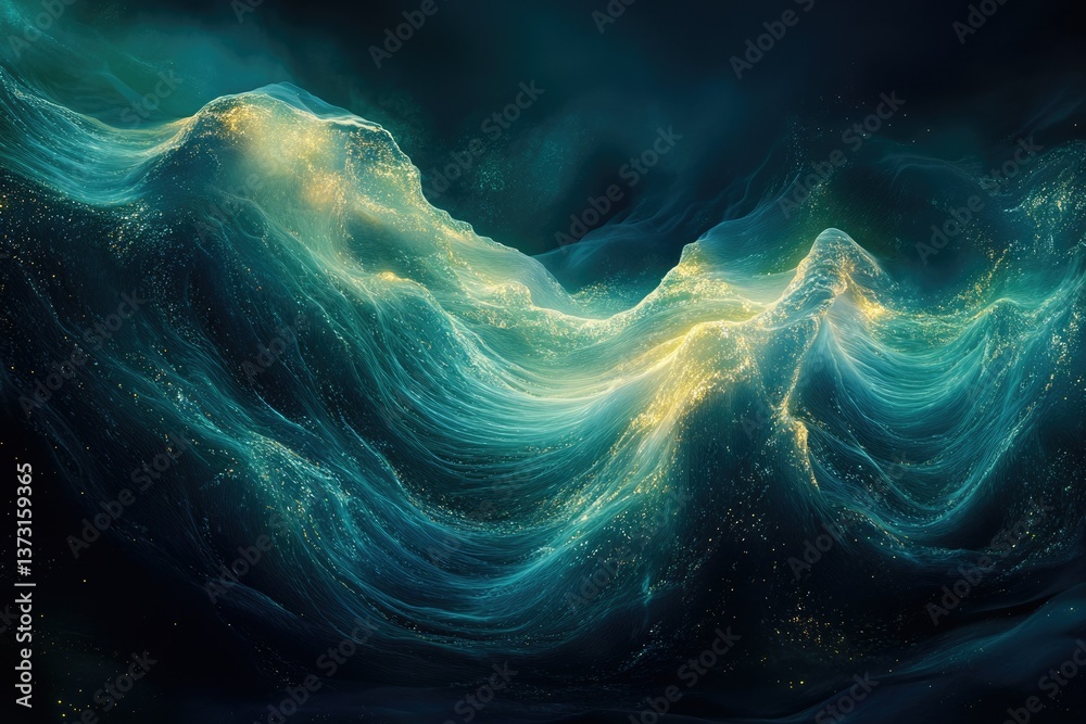 Poster abstract depiction of luminous waves crashing in a deep, dark sea, shimmering with scattered golden 