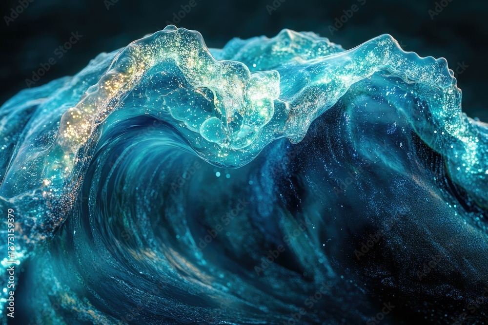 Poster A mesmerizing wave, showcasing the intricate details of its crest, illuminated by sparkling light, creating a captivating aquatic vision.