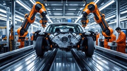Fototapeta premium Car assembly line. Orange robot arms work on car chassis. Gray car body parts on metal conveyor belt. Industrial factory interior with automated manufacturing process.