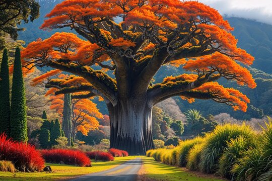 Breathtaking Kauri Tree Nestled among Lush Foliage in a Picturesque Winter Reserve