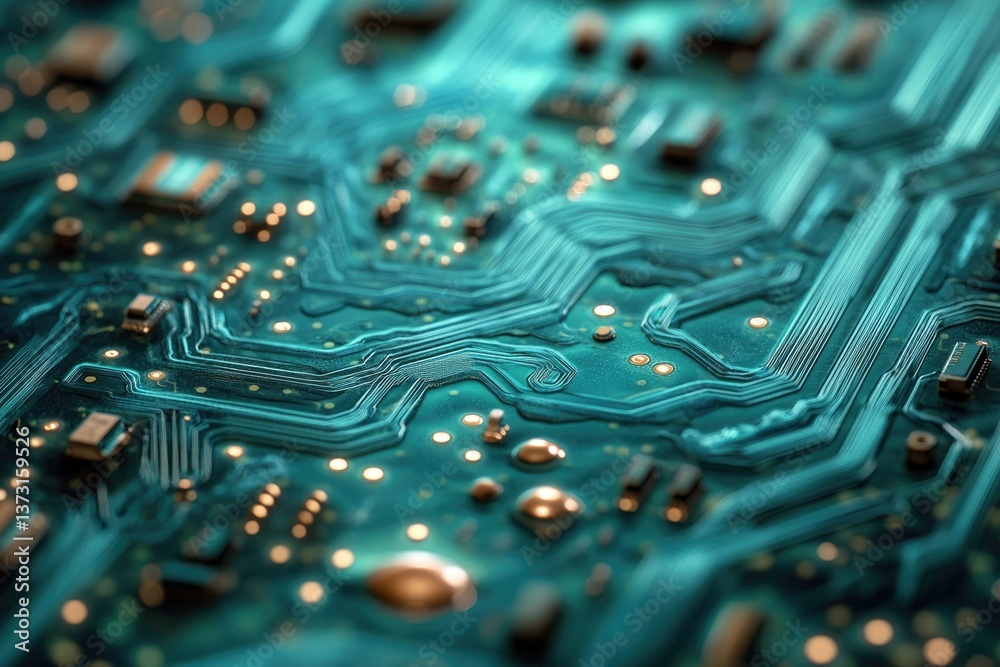 Poster Close-up of a teal circuit board with intricate pathways, glowing dots, and tiny components, showcasing technology and connectivity in a detailed view.