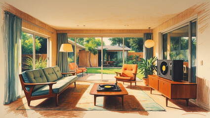 Fototapeta premium Sketch of living room interior with furniture. Green couch, orange chairs, and record player. Large windows view outdoor space with plants and building.