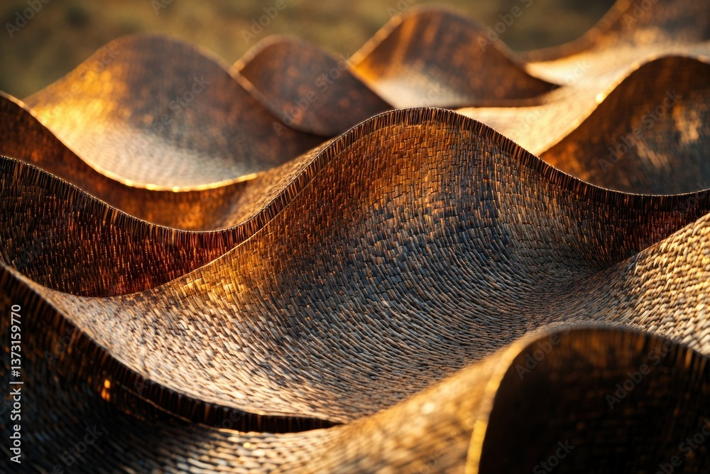 Poster Golden woven material forms undulating waves, bathed in soft light, creating a mesmerizing, textured landscape of abstract patterns.