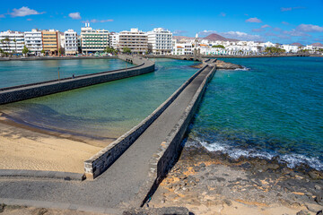 Lagarta bridge towards san gabriel castle and castle beach in arrecife-lanzarote-canary islands-spain
