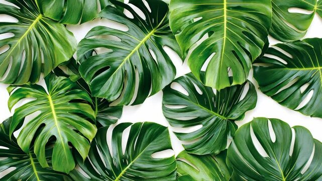Vibrant green monstera leaves arranged artistically on a neutral background for a fresh tropical vibe