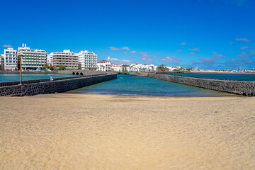 Caterpillar bridge towards san gabriel castle and castle beach in arrecife-lanzarote-canary islands-spain