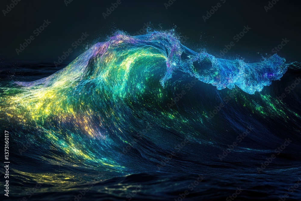 Poster a vibrant, luminous wave crests in a dark ocean, showcasing a spectrum of radiant colors and dynamic