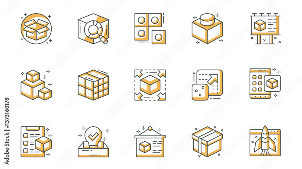 Poster abstract product icons set in outline stroke design for web. pack line pictograms with box package, 