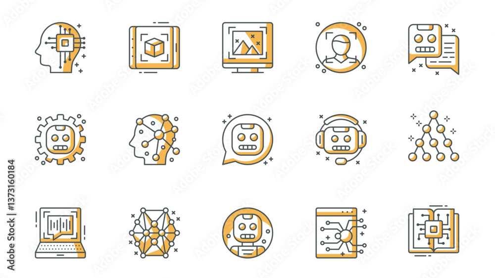 Poster Artificial intelligence icons set in outline stroke design for web. Pack line pictograms with ai, image recognition, face detection, chat with chatbot, machine learning, other. Vector illustration.