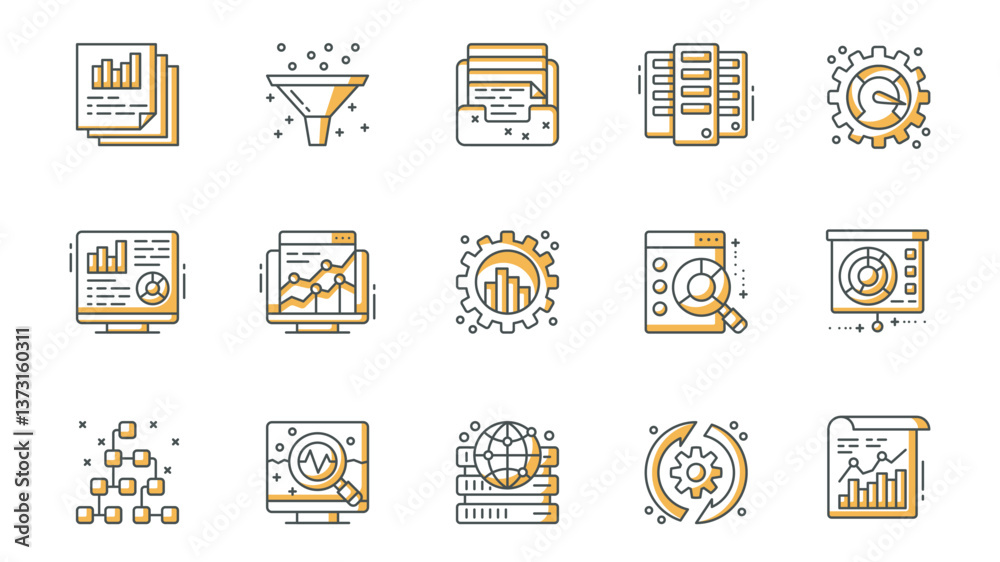 Aufkleber Data analysis icons set in outline stroke design for web. Pack line pictograms with graph, funnel, document, speedometer, statistic webpage, chart growth, settings, search, other. Vector illustration.