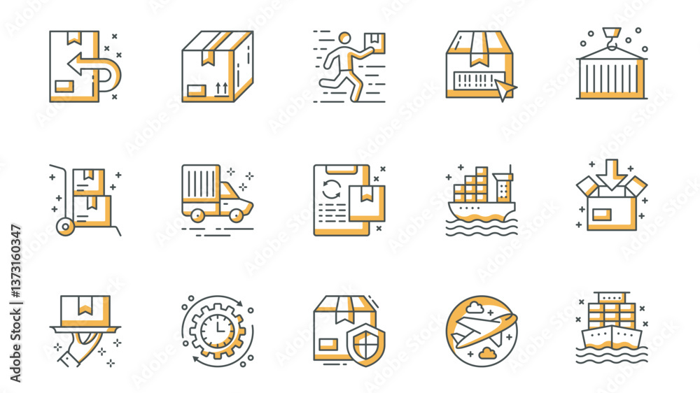 Poster delivery icons set in outline stroke design for web. pack line pictograms with package parcel, couri