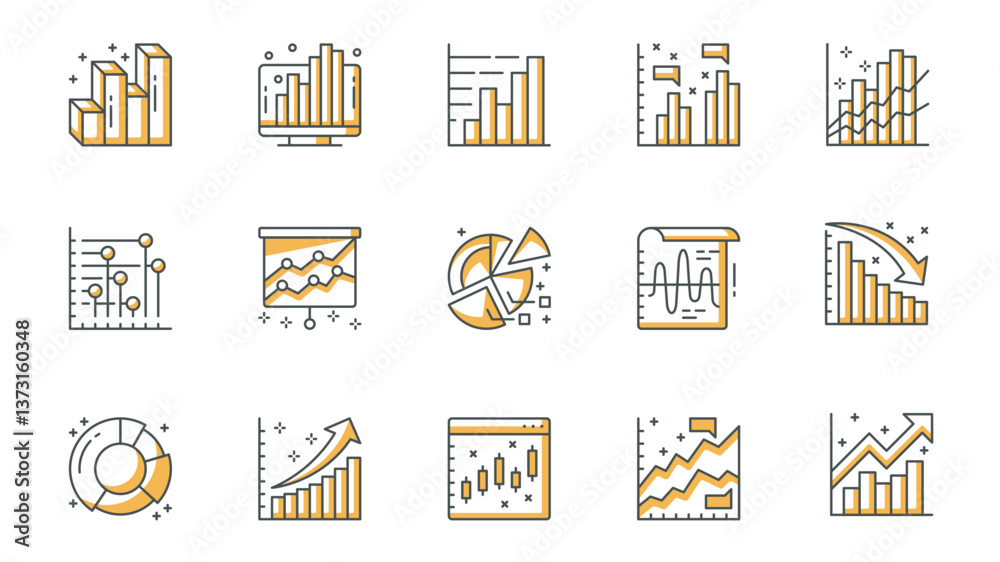 Aufkleber diagram icons set in outline stroke design for web. pack line pictograms with growth bar chart, pie 