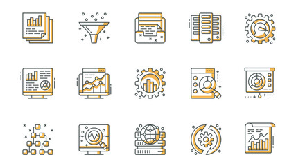 Data analysis icons set in outline stroke design for web. Pack line pictograms with graph, funnel, document, speedometer, statistic webpage, chart growth, settings, search, other. Vector illustration.