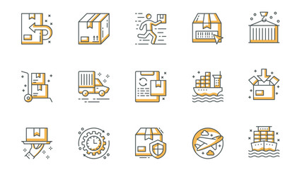 Delivery icons set in outline stroke design for web. Pack line pictograms with package parcel, courier, barcode, loading warehouse, transportation, shipping, logistic, other. Vector illustration.
