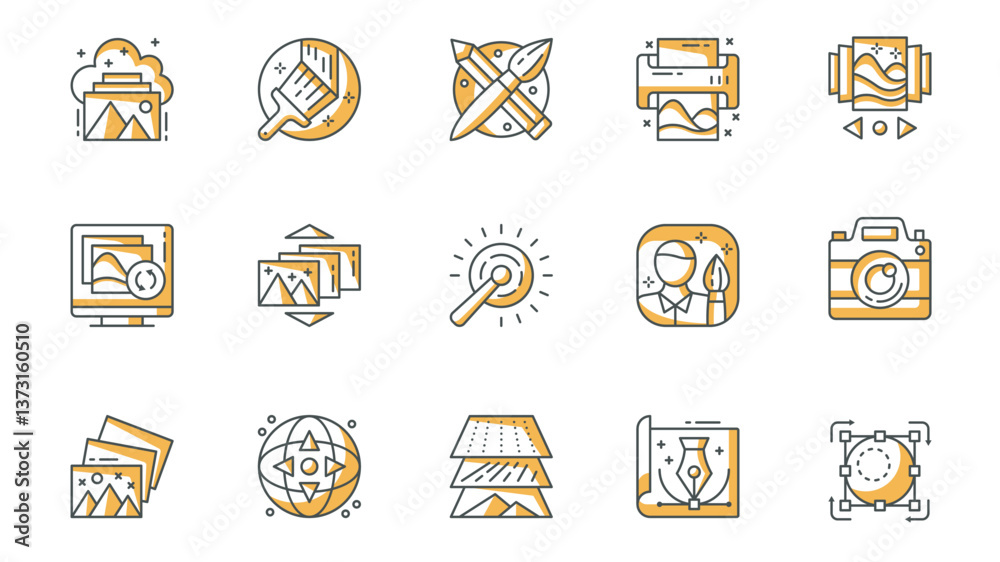 Poster images icons set in outline stroke design for web. pack line pictograms with cloud gallery, paint, d