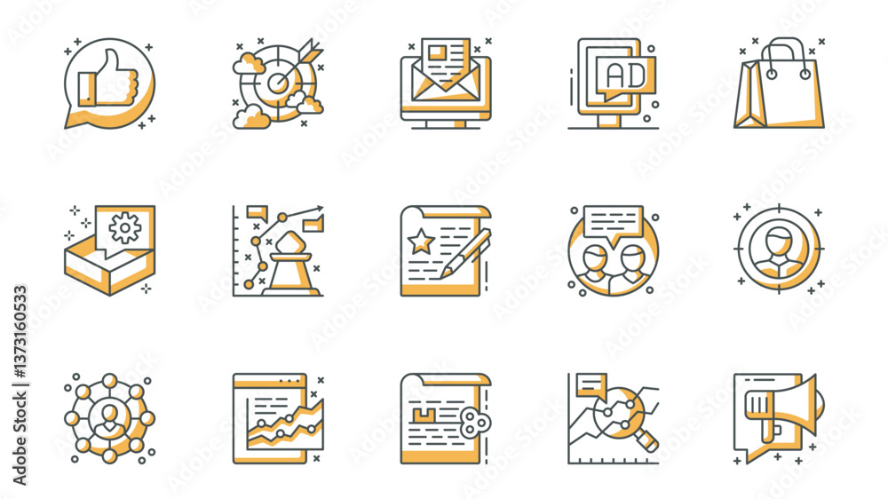 Aufkleber marketing icons set in outline stroke design for web. pack line pictograms with like feedback, targe