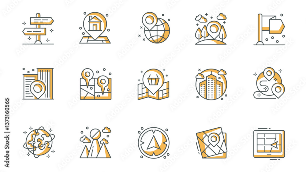 Leinwandbilder Navigation icons set in outline stroke design for web. Pack line pictograms with direction signpost, home location pin, globe, forest, office, map, house, route, compass, other. Vector illustration.