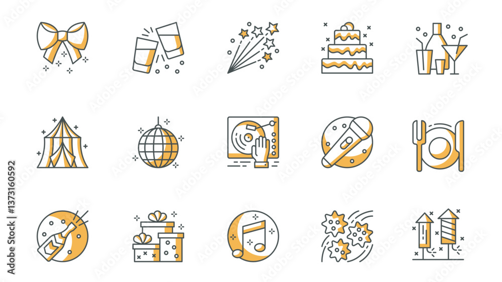Poster Party icons set in outline stroke design for web. Pack line pictograms with cheer glasses, fireworks, birthday cake, cocktails, disco ball, dj music, karaoke, restaurant, other. Vector illustration.