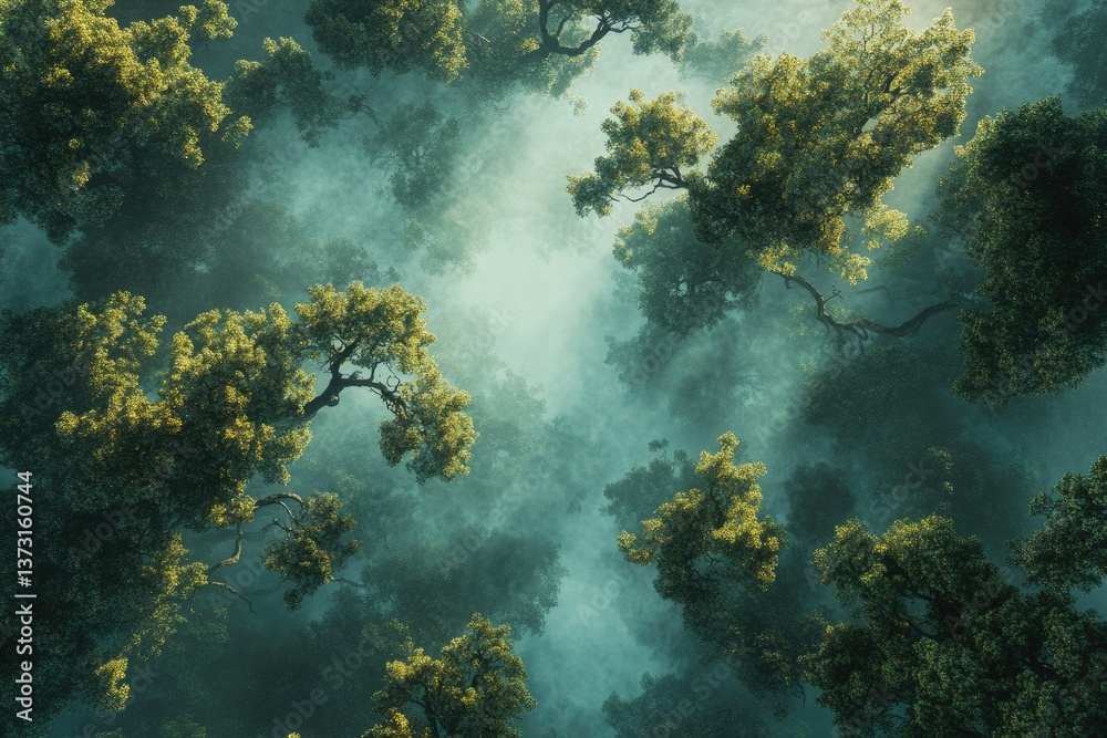 Poster an aerial view of a forest with tall trees reaching towards the sky, shrouded in a mystical, dreamy 