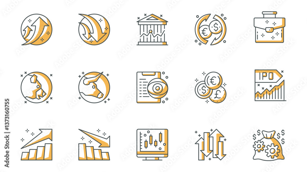 Poster stock quotes icons set in outline stroke design for web. pack line pictograms with increase, decreas